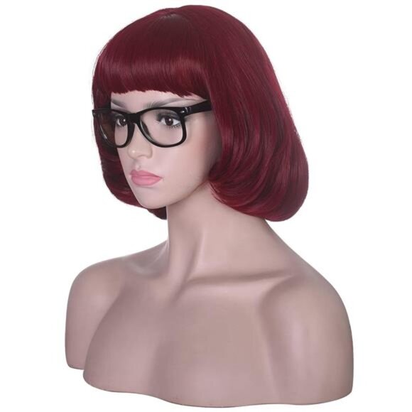 Short Wine Red Bob Wig with Bangs for Cosplay with Glasses Burgundy - Picture 3 of 6
